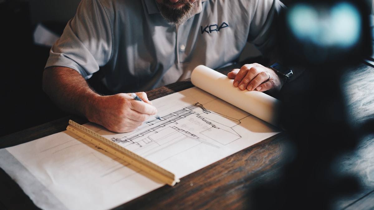 Detailed building plans being measured and costed